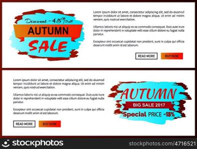 Autumn discount -45% clearance with icon of colorful sign brush strokes vector illustration with seasonal sale advertisement web posters set. Autumn Discount -45% clearance with Icon on Poster