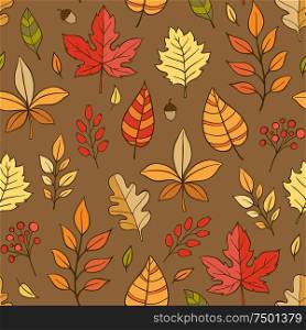 Autumn doodle seamless pattern with falling leaves on a brown background. Hand drawn vector illustration