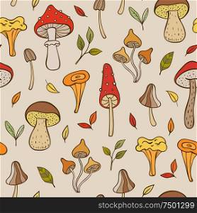 Autumn doodle seamless pattern with forest mushrooms and leaves. Hand drawn vector background