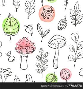 Autumn doodle seamless pattern with mushrooms, leaves and plants on a white background. Hand drawn vector illustration with watercolor elements.