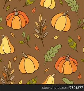 Autumn doodle seamless pattern with pumpkins and leaves on a brown background. Hand drawn vector illustration