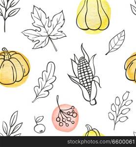Autumn doodle seamless pattern with pumpkins and leaves on a white background. Hand drawn vector illustration with watercolor elements.