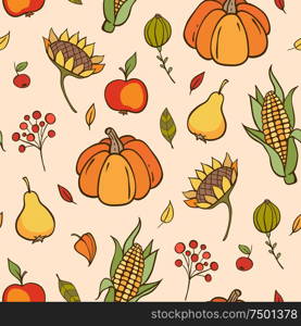 Autumn doodle seamless pattern with pumpkins, fruits and leaves. Hand drawn vector background