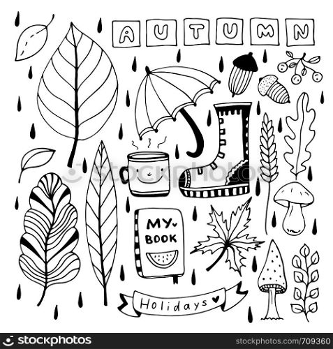 Autumn doodle set for seasonal decorations. Isolated elements for coloring book or stickers. Autumn doodle set for seasonal decorations. Isolated elements for coloring book or stickers.