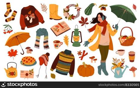 Autumn elements. Cute girl in warm clothes for rainy season holds umbrella, cozy knitting things and botanical objects, orange leaves and kettle with hot tea, tidy cartoon flat isolated vector set. Autumn elements. Cute girl in warm clothes for rainy season holds umbrella, cozy knitting things and botanical objects, orange leaves and kettle with hot tea, tidy cartoon flat vector set