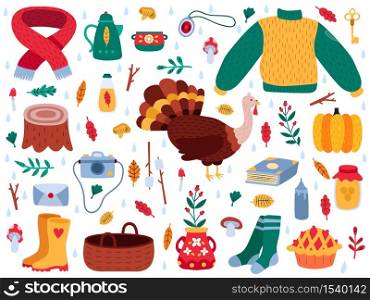 Autumn elements. Fall cartoon hygge cozy sweater, boots, autumn leaves, mushrooms, pumpkin and turkey isolated vector illustration set. Collection nature fall leaf, camera and elements. Autumn elements. Fall cartoon hygge cozy sweater, boots, autumn leaves, mushrooms, pumpkin and turkey isolated vector illustration set