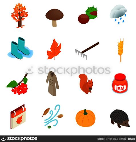 Autumn elements icons set in isometric 3d style on a white background . Autumn elements icons set, isometric 3d style