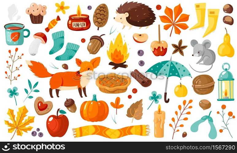 Autumn elements. Yellow falling leaves, plants, animals and food, harvest festival and thanksgiving day attributes for card or poster, flat vector cartoon isolated set. Autumn elements. Yellow falling leaves, plants and food, harvest festival and thanksgiving day attributes for card or poster, flat vector cartoon set