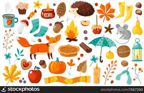 Autumn elements. Yellow falling leaves, plants, animals and food, harvest festival and thanksgiving day attributes for card or poster, flat vector cartoon isolated set. Autumn elements. Yellow falling leaves, plants and food, harvest festival and thanksgiving day attributes for card or poster, flat vector cartoon set