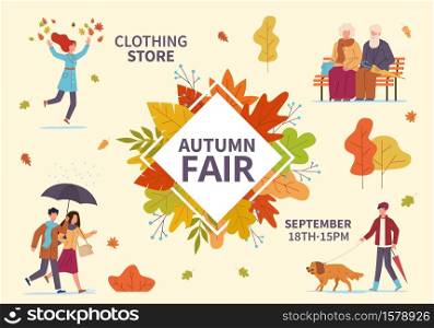Autumn fair. Fall season public exhibition, holiday clothes sale and flea market, people with umbrellas among yellow orange leaves. Seasonal discount promotion advertising vector flat banner. Autumn fair. Fall season public exhibition, clothes sale and flea market, people with umbrellas among yellow leaves. Seasonal discount promotion advertising vector flat banner