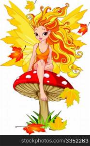 Autumn fairy elf sitting on mushroom