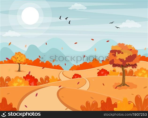 autumn fall cartoon landscape background. trees and hills on the plain. Vector illustration in flat style.. Autumn Landscape background