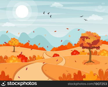 autumn fall cartoon landscape background. trees and hills on the plain. Vector illustration in flat style.. Autumn Landscape background