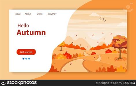 autumn fall cartoon landscape background. trees and hills on the plain. Website Landing Page template. Vector illustration in flat style.. Autumn Landscape background