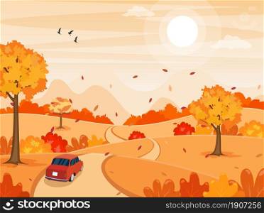 autumn fall cartoon Landscape with a car on the road background. trees and hills on the plain. Vector illustration in flat style.. Autumn Landscape background
