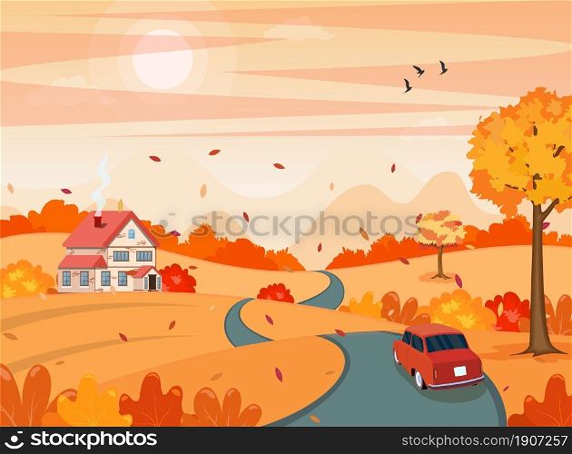 autumn fall cartoon Landscape with a car on the road background. trees and hills on the plain. Vector illustration in flat style.. Autumn Landscape background
