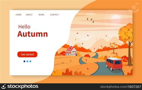 autumn fall cartoon Landscape with a car on the road background. trees and hills on the plain. Website Landing Page template. Vector illustration in flat style.. Autumn Landscape background