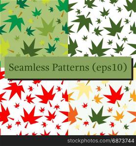 Autumn fall maple leaves seamless pattern background set. Autumn fall maple leaves seamless pattern background set. Red, green or colorful on white and green. For fabric or textile or gift wrapping.