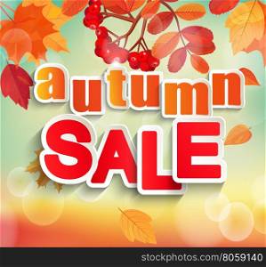 Autumn, Fall sale design. Can be used for banners or posters. Vector illustration bokeh background with colorful autumn leaves