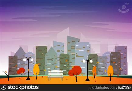 Autumn Fall Season City Park Building Trees Cityscape Flat Design Illustration
