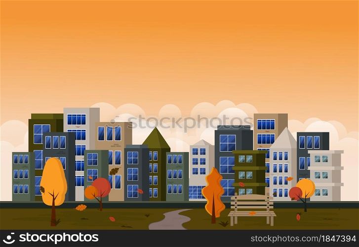 Autumn Fall Season City Park Building Trees Cityscape Flat Design Illustration