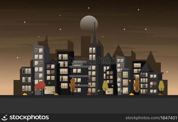 Autumn Fall Season Night City Building Cityscape View Flat Design Illustration