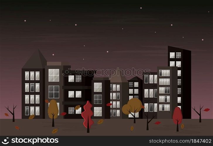 Autumn Fall Season Night City Building Cityscape View Flat Design Illustration