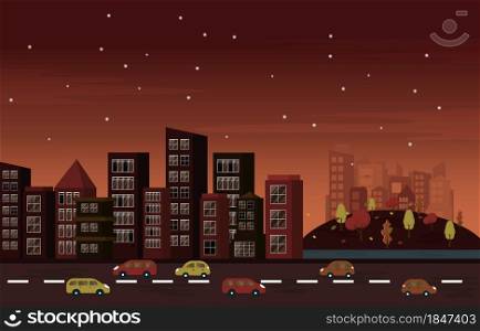 Autumn Fall Season Night Traffic City Building Cityscape Flat Design Illustration