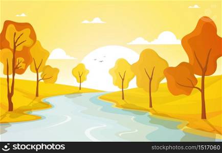 Autumn Fall Season Tree Golden Yellow River Panoramic Landscape