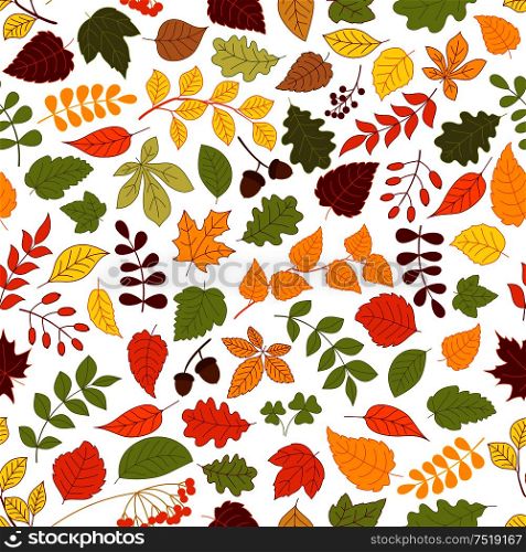 Autumn fallen leaves, branches of atumnal trees, acorns, rowanberry fruits and seeds of wild herbs seamless pattern on white background. Autumn background with leaves seamless pattern