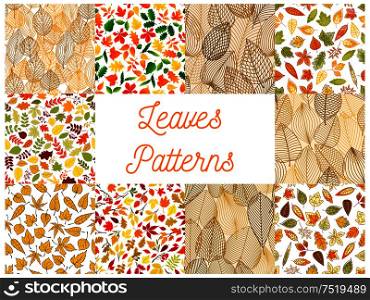 Autumn fallen leaves seamless patterns set with autumnal foliage and branches of forest trees, acorn, rowanberry fruit. Autumn season theme, scrapbook page backdrop design. Autumnal fallen leaves seamless patterns set