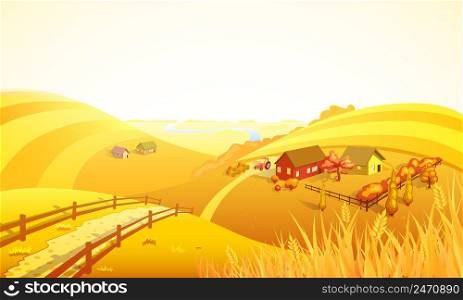 Autumn farm landscape composition with orange field trees houses wheat and river vector illustration. Autumn Farm Landscape Composition