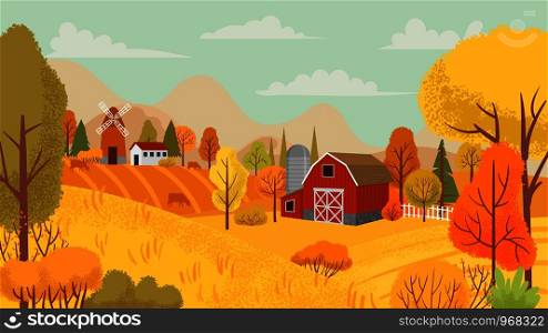 Autumn farming landscape. Country farm, yellow trees and farmhouse field. Autumnal rural village countryside nature cartoon vector background illustration. Autumn farming landscape. Country farm, yellow trees and farmhouse field cartoon vector background illustration