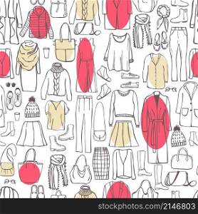 Autumn fashion. Hand drawn women&rsquo;s clothing and shoes. Vector seamless pattern . Vector pattern with women&rsquo;s clothing and shoes.