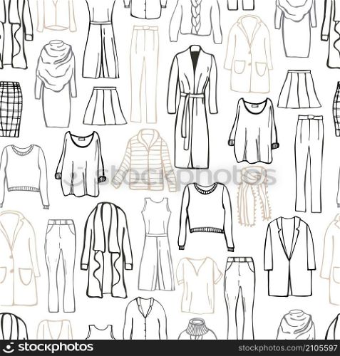 Autumn fashion. Hand drawn women&rsquo;s clothing. Vector seamless pattern . Vector pattern with women&rsquo;s clothing and shoes.