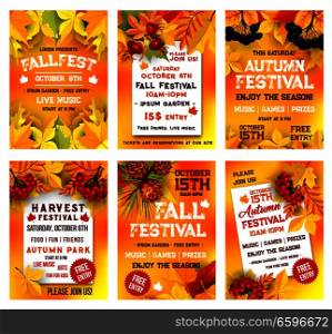 Autumn festival poster template set. Fall season harvest celebration banner, adorned by yellow maple leaf, orange chestnut foliage, rowan and briar berry, pine cone for autumn party invitation design. Autumn harvest festival poster template set design