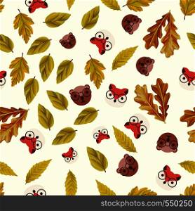 Autumn flat cartoon fox and bear with realistic leaves seamless vector pattern