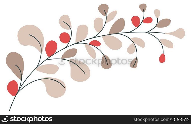 Autumn floral composition, isolated branch with leaves and red foliage and berries. Blooming and blossom of fall season. Symbol of organic and natural product. Vector in flat style illustration. Branch with leaves and berries, autumn twig vector