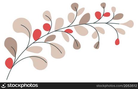 Autumn floral composition, isolated branch with leaves and red foliage and berries. Blooming and blossom of fall season. Symbol of organic and natural product. Vector in flat style illustration. Branch with leaves and berries, autumn twig vector