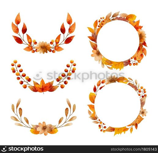 Autumn flower and leaves watercolor style. Wreaths and frame border.