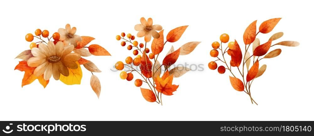 Autumn flowers bouquet in a watercolor style. Floral and leaves bouquets arrangements.