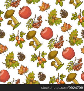 Autumn foliage, fruits and vegetables seamless pattern, Branch of oak tree with acorn, pine cone and mushrooms, ripe red apple and rowanberry with berries. Autumn season, vector in flat style. Ripe apples, mushrooms and rowanberry, autumn seamless pattern