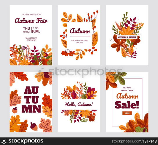 Autumn foliage posters. Fall discount and special offer banners with red or yellow leaves. Cartoon maple or oak plants. Elegant sale flyers design template with lettering. Vector coupon ticket set. Autumn foliage posters. Fall discount and special offer banners with red or yellow leaves. Maple or oak plants. Sale flyers design template with lettering. Vector coupon ticket set