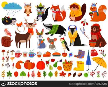 Autumn forest animals. Fall squirrel, funny bear and cute autumnal fox. Fallen leaves, deer bear raccoon animal in autumn clothes, pumpkin mushroom and cups. Cartoon isolated vector icons set. Autumn forest animals. Fall squirrel, funny bear and cute autumnal fox. Fallen leaves cartoon vector set