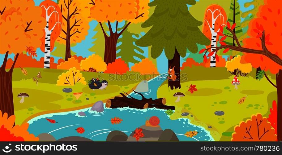 Autumn forest. Autumnal nature landscape, yellow forests trees and woodland fall leaves. October foliage fall autumnal scene, september park tree and river cartoon vector illustration. Autumn forest. Autumnal nature landscape, yellow forests trees and woodland fall leaves cartoon vector illustration