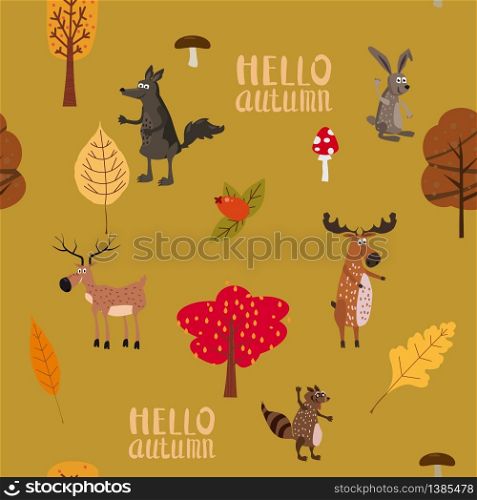 Autumn forest cute animals seamless pattern with trees leaves. Autumn forest cute animals seamless pattern with Hello Autumn lettering trees leaves trendy flat cartoon style