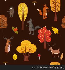 Autumn forest cute animals seamless pattern with trees leaves. Autumn forest cute animals seamless pattern with trees leaves trendy flat cartoon style