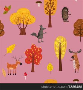 Autumn forest cute animals seamless pattern with trees leaves. Autumn forest cute animals seamless pattern with trees leaves trendy flat cartoon style