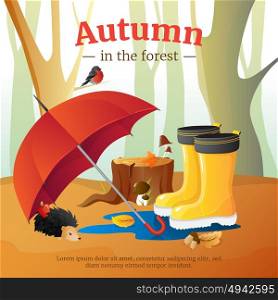 Autumn Forest Elements Composition Poster . Autumn in forest poster with red umbrella wellingtons and hedgehog with trees trunks background cartoon vector illustration