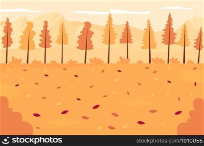 Autumn forest flat color vector illustration. Seasonal landscape. Panoramic autumnal countryside. Scenery in october and november. Fall woods 2D cartoon landscape with no people on background. Autumn forest flat color vector illustration
